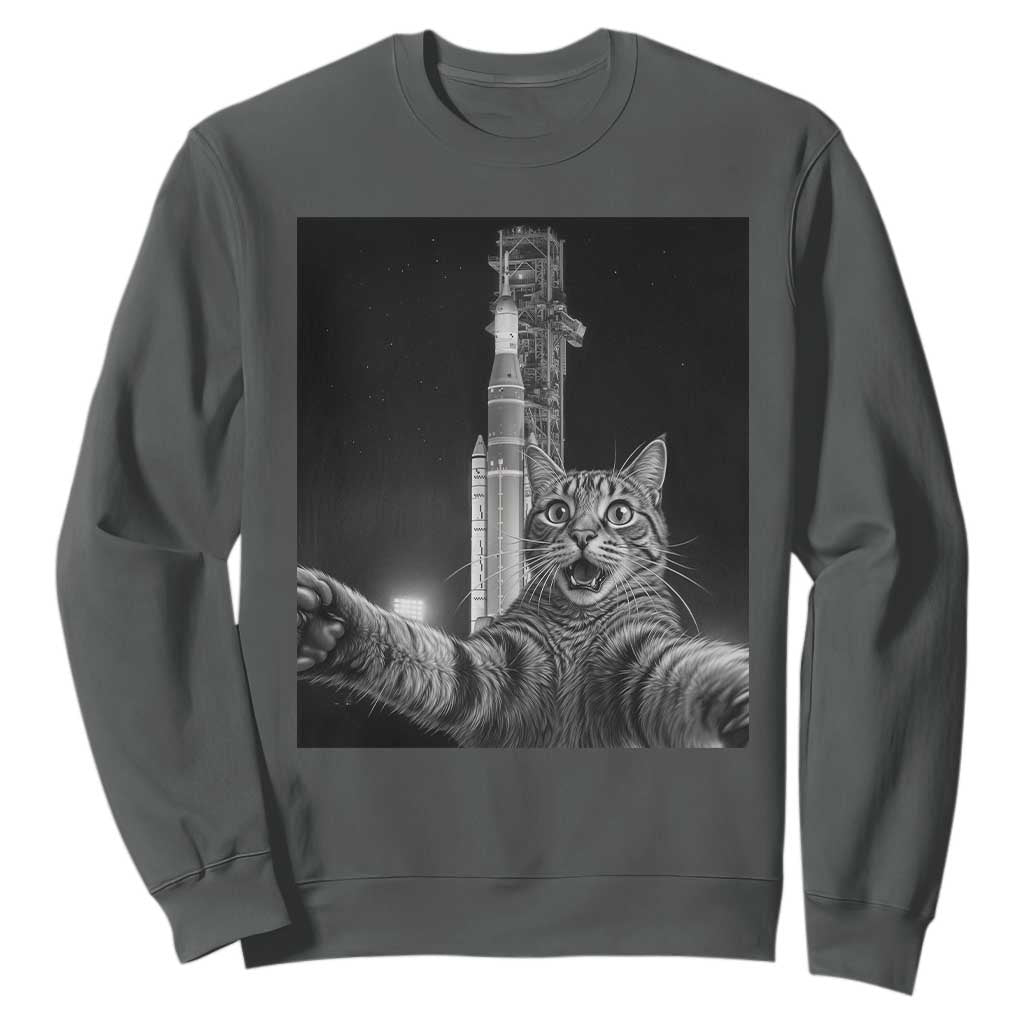 Funny Cat Selfie Lunar Mission 2026 Sweatshirt TS14 Dark Heather Print Your Wear