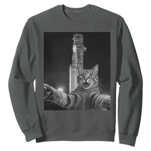 Funny Cat Selfie Lunar Mission 2026 Sweatshirt TS14 Dark Heather Print Your Wear