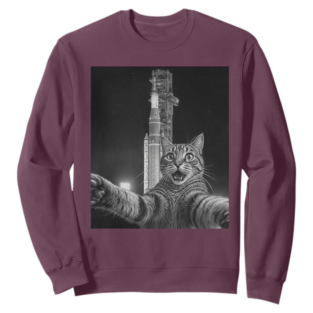 Funny Cat Selfie Lunar Mission 2026 Sweatshirt TS14 Maroon Print Your Wear