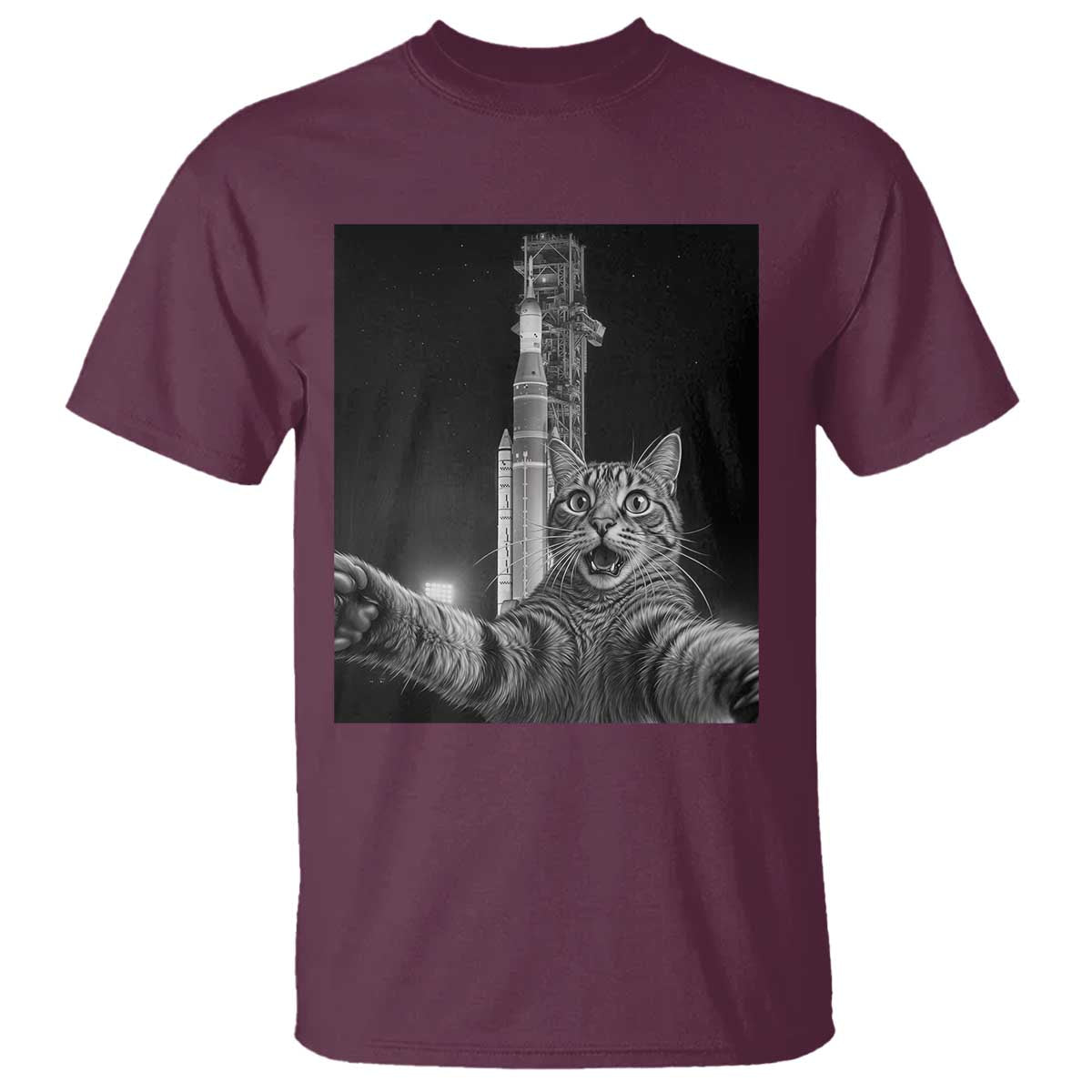 Funny Cat Selfie Lunar Mission 2026 T Shirt TS14 Maroon Print Your Wear