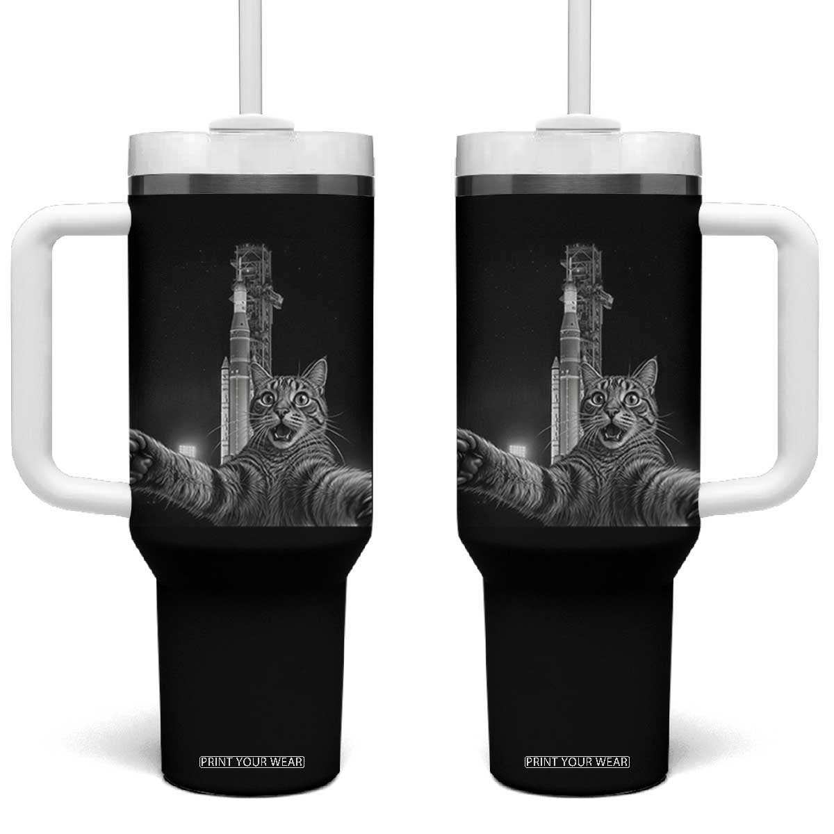 Funny Cat Selfie Lunar Mission 2026 Tumbler With Handle TS14 One Size: 40 oz Black Print Your Wear