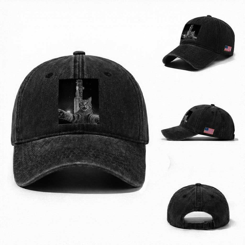 Funny Cat Selfie Lunar Mission 2026 Washed Cotton Baseball Cap TS14 Washed Cap Universal Fit Black Print Your Wear