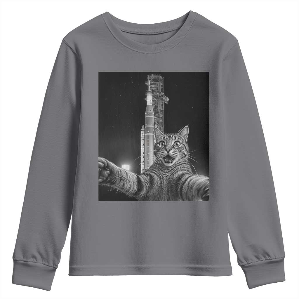 Funny Cat Selfie Lunar Mission 2026 Youth Sweatshirt TS14 Charcoal Print Your Wear