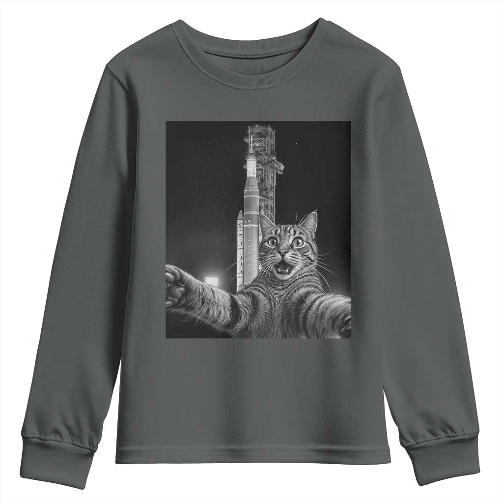 Funny Cat Selfie Lunar Mission 2026 Youth Sweatshirt TS14 Dark Heather Print Your Wear