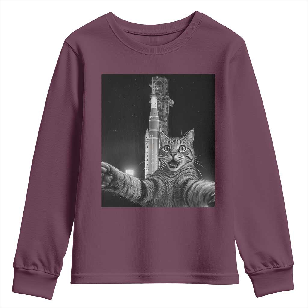 Funny Cat Selfie Lunar Mission 2026 Youth Sweatshirt TS14 Maroon Print Your Wear
