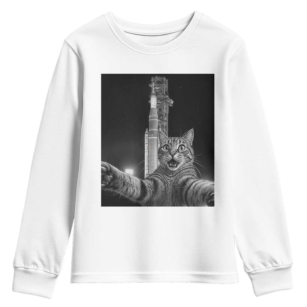 Funny Cat Selfie Lunar Mission 2026 Youth Sweatshirt TS14 White Print Your Wear
