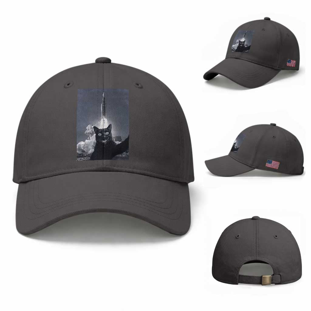 Funny Black Cat Selfie Baseball Cap Back To The Moon Mission 2026 TS14 Baseball Cap Universal Fit Dark Gray Print Your Wear