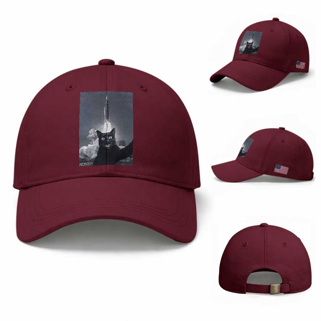Funny Black Cat Selfie Baseball Cap Back To The Moon Mission 2026 TS14 Baseball Cap Universal Fit Maroon Print Your Wear