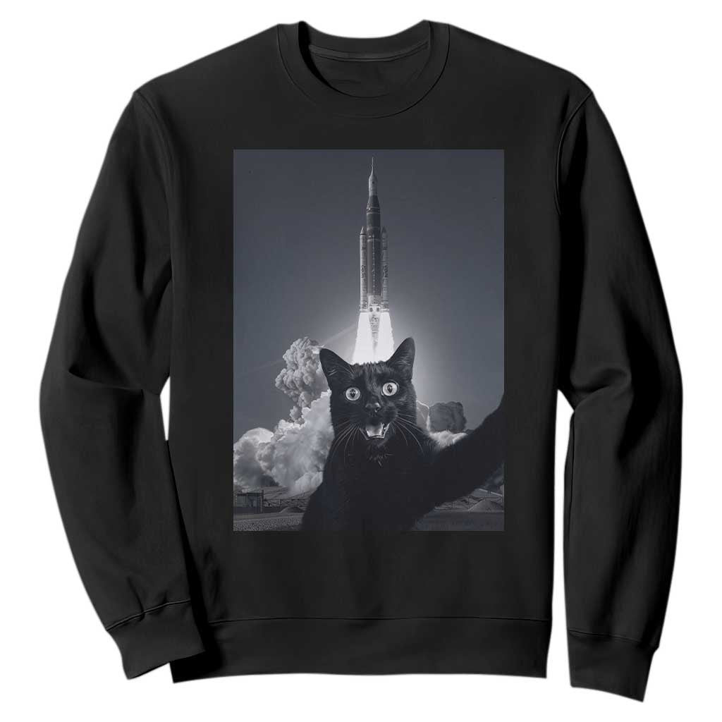 Funny Black Cat Selfie Sweatshirt Back To The Moon Mission 2026 TS14 Black Print Your Wear
