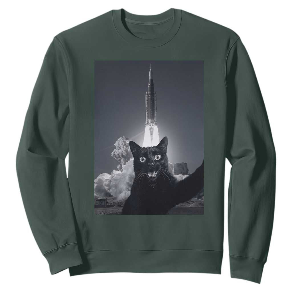 Funny Black Cat Selfie Sweatshirt Back To The Moon Mission 2026 TS14 Dark Forest Green Print Your Wear