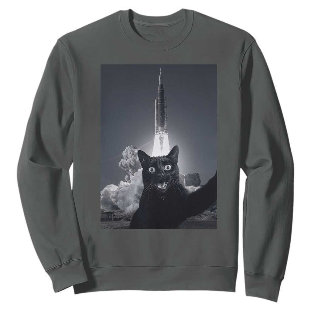 Funny Black Cat Selfie Sweatshirt Back To The Moon Mission 2026 TS14 Dark Heather Print Your Wear