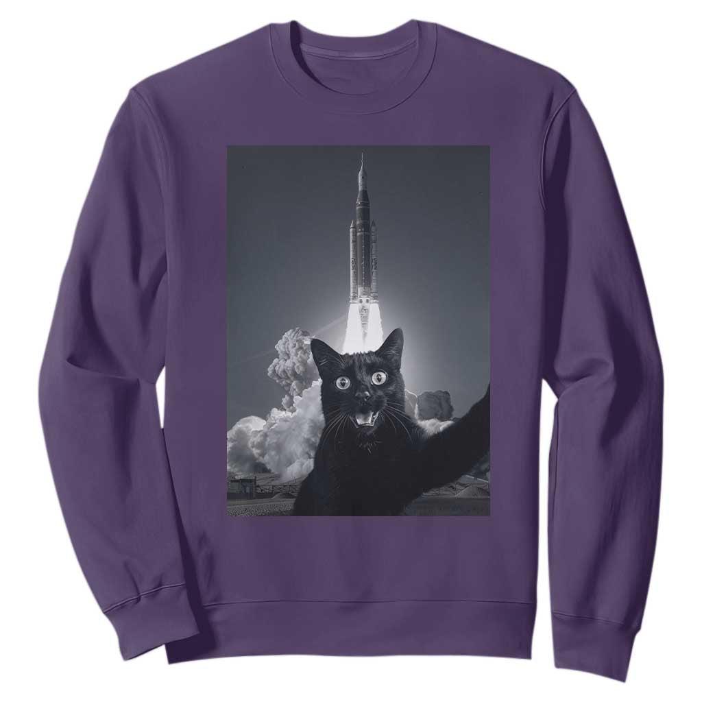 Funny Black Cat Selfie Sweatshirt Back To The Moon Mission 2026 TS14 Purple Print Your Wear