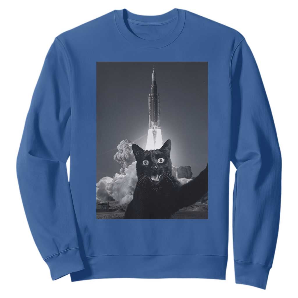 Funny Black Cat Selfie Sweatshirt Back To The Moon Mission 2026 TS14 Royal Blue Print Your Wear