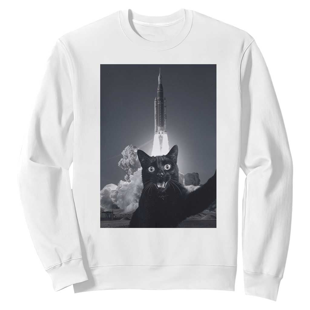 Funny Black Cat Selfie Sweatshirt Back To The Moon Mission 2026 TS14 White Print Your Wear