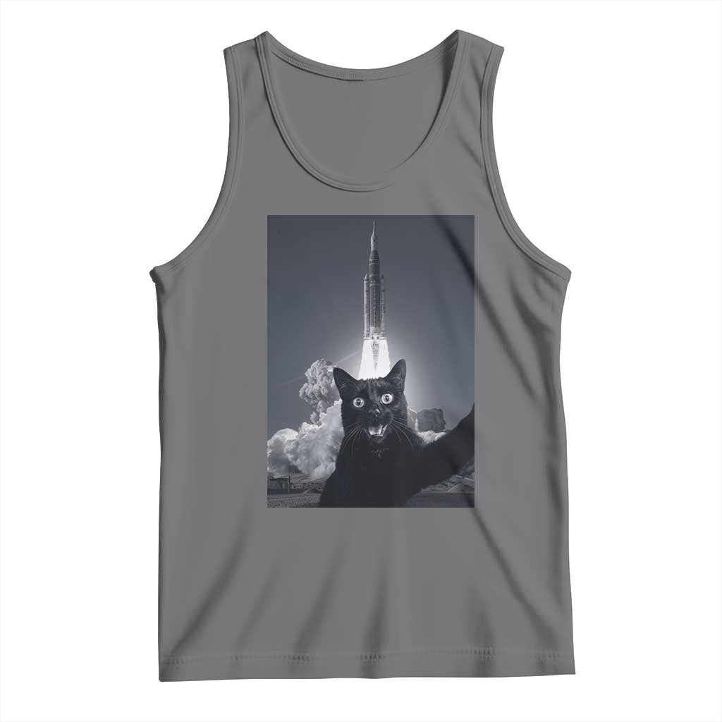 Funny Black Cat Selfie Tank Top Back To The Moon Mission 2026 TS14 Black Heather Print Your Wear