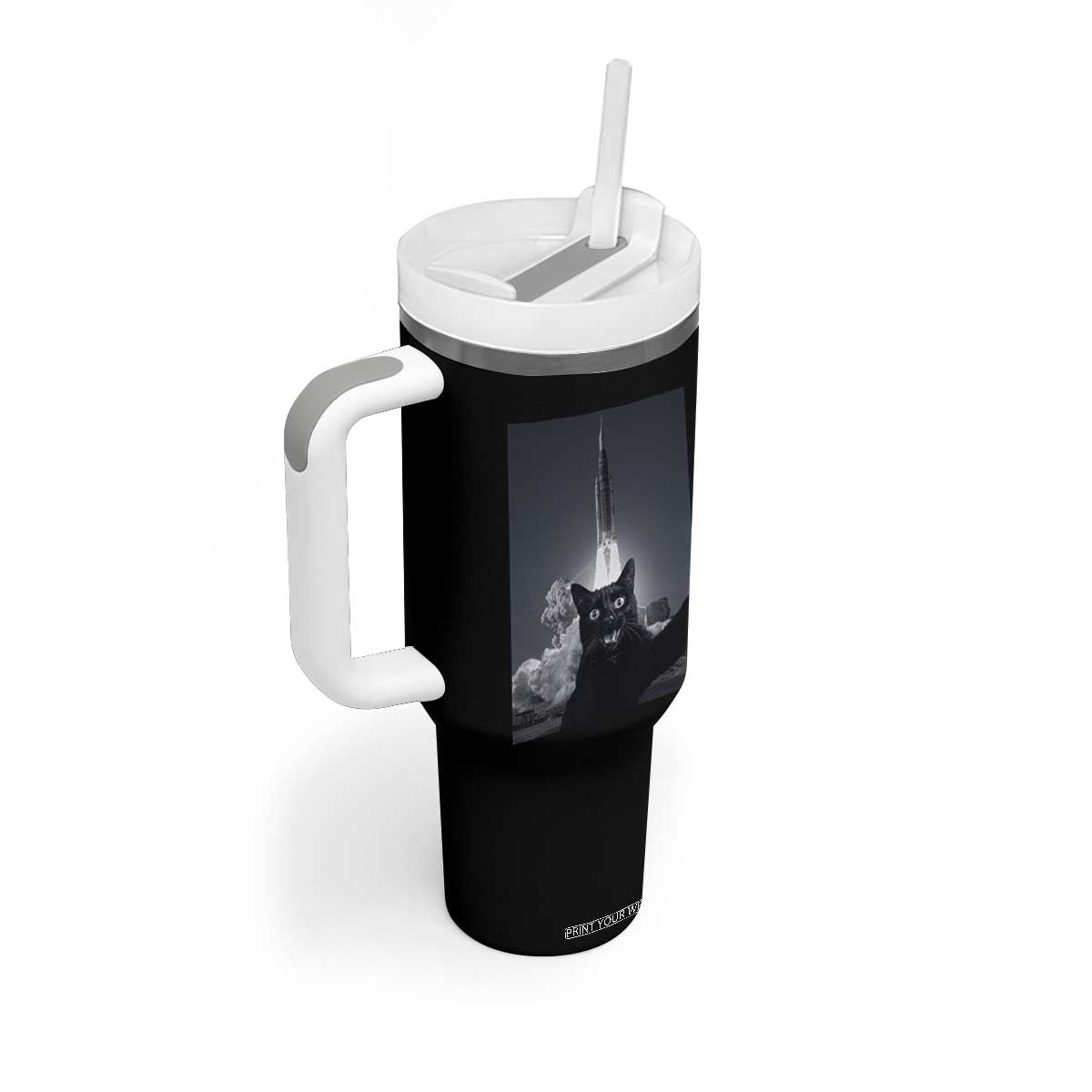 Funny Black Cat Selfie Tumbler With Handle Back To The Moon Mission 2026 TS14 Print Your Wear