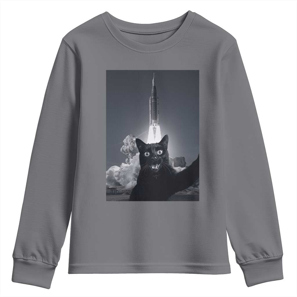 Funny Black Cat Selfie Youth Sweatshirt Back To The Moon Mission 2026 TS14 Charcoal Print Your Wear