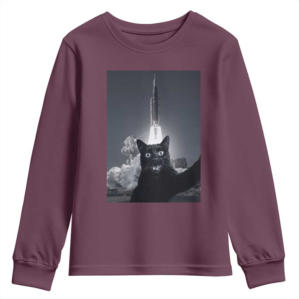 Funny Black Cat Selfie Youth Sweatshirt Back To The Moon Mission 2026 TS14 Maroon Print Your Wear