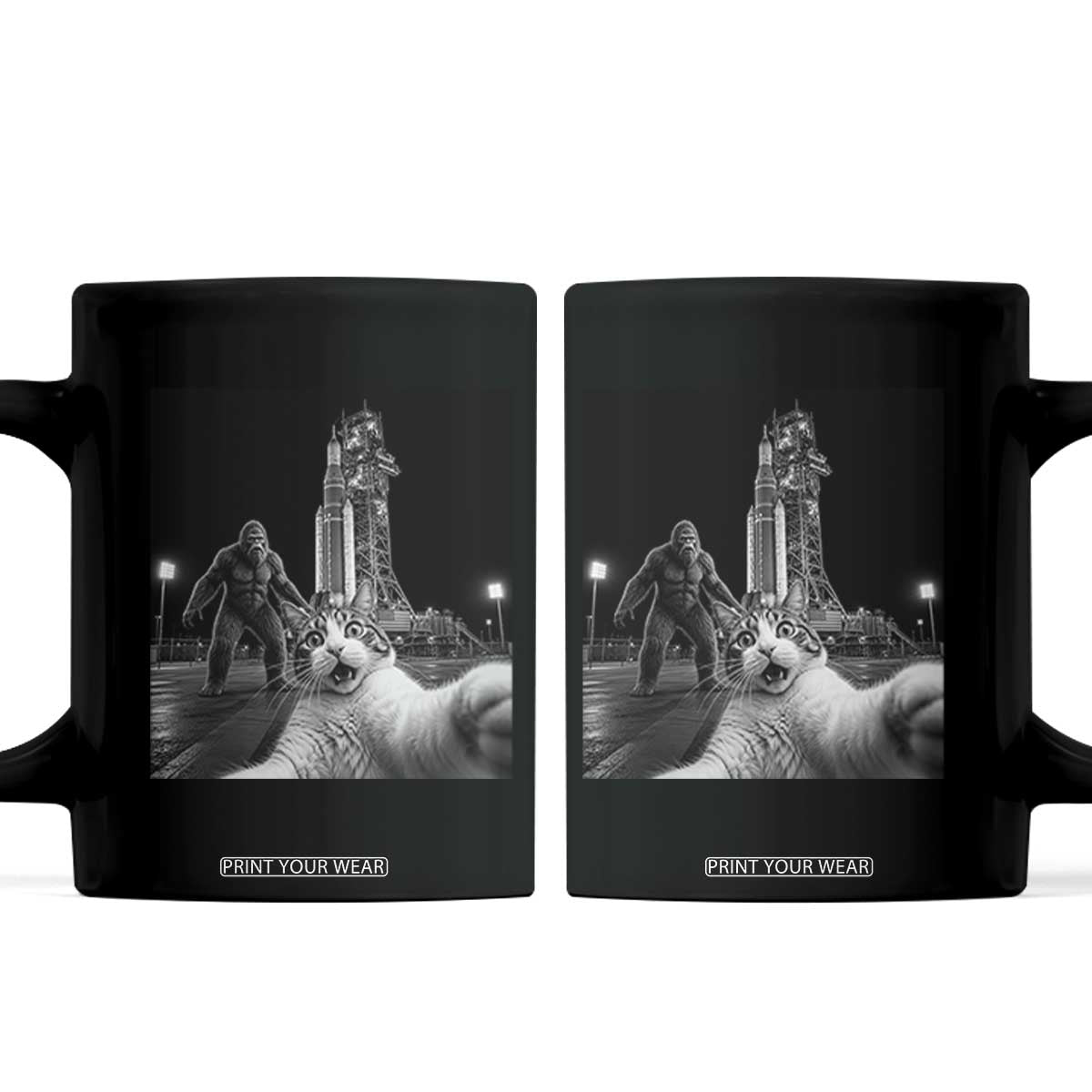 Funny Cat Selfie with Bigfoot Coffee Mug Back To The Moon Mission 2026 TS14 Black Print Your Wear