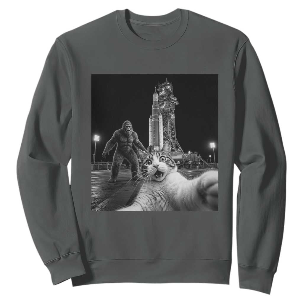 Funny Cat Selfie with Bigfoot Sweatshirt Back To The Moon Mission 2026 TS14 Dark Heather Print Your Wear