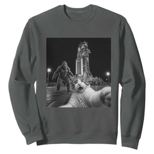 Funny Cat Selfie with Bigfoot Sweatshirt Back To The Moon Mission 2026 TS14 Dark Heather Print Your Wear