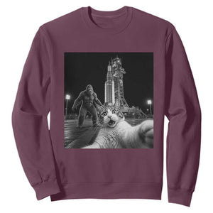 Funny Cat Selfie with Bigfoot Sweatshirt Back To The Moon Mission 2026 TS14 Maroon Print Your Wear
