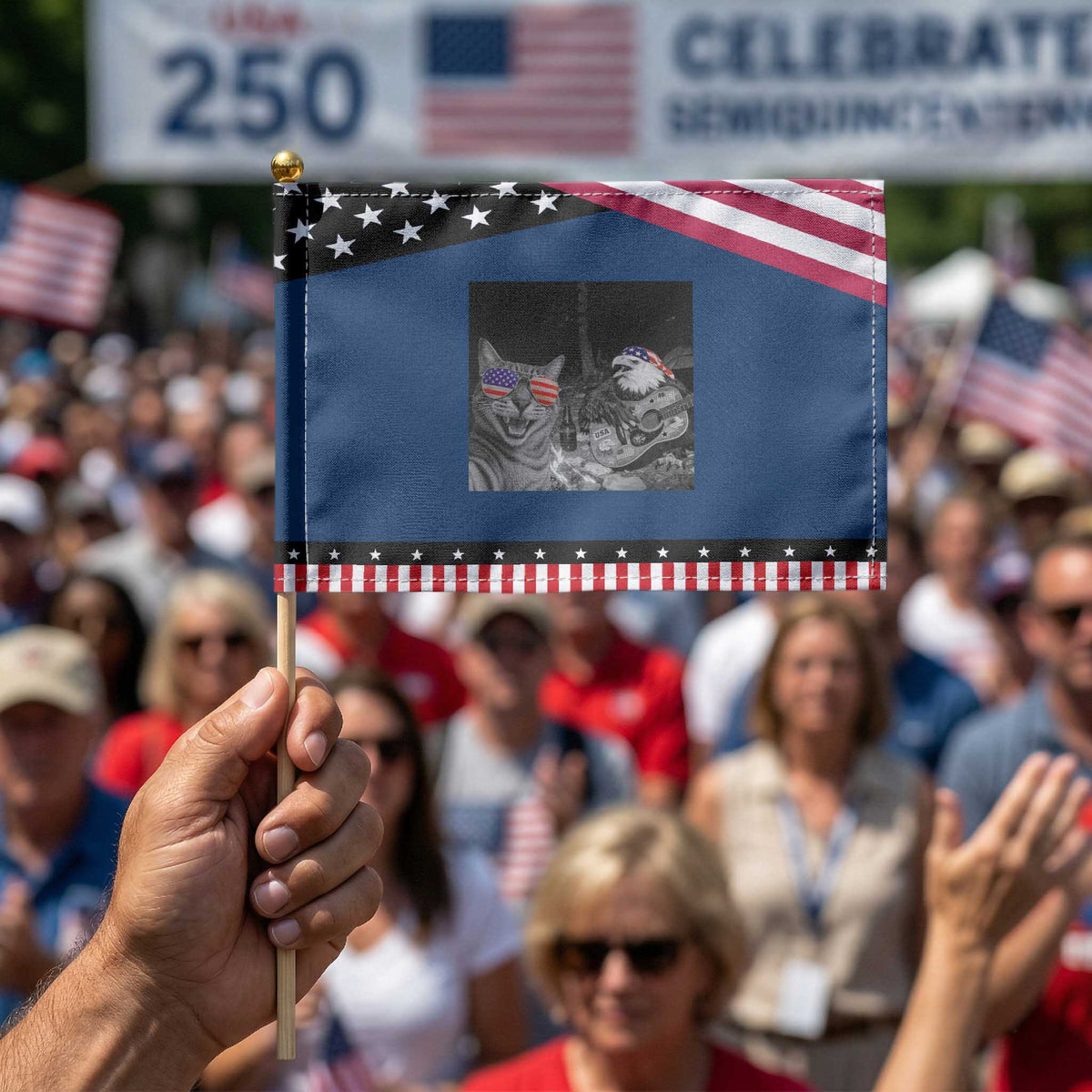 Funny Cat Selfie 4th of July Patriotic Handheld Flag Eagle American Flag Gift TS14 Classic 8.2
