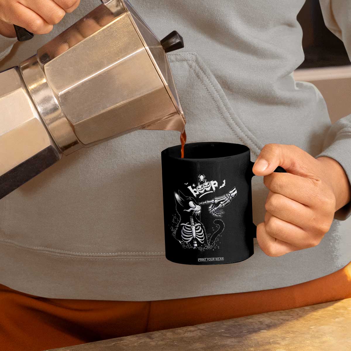 Black Cat Halloween Coffee Mug Skeleton Hand Boop TS14 Print Your Wear