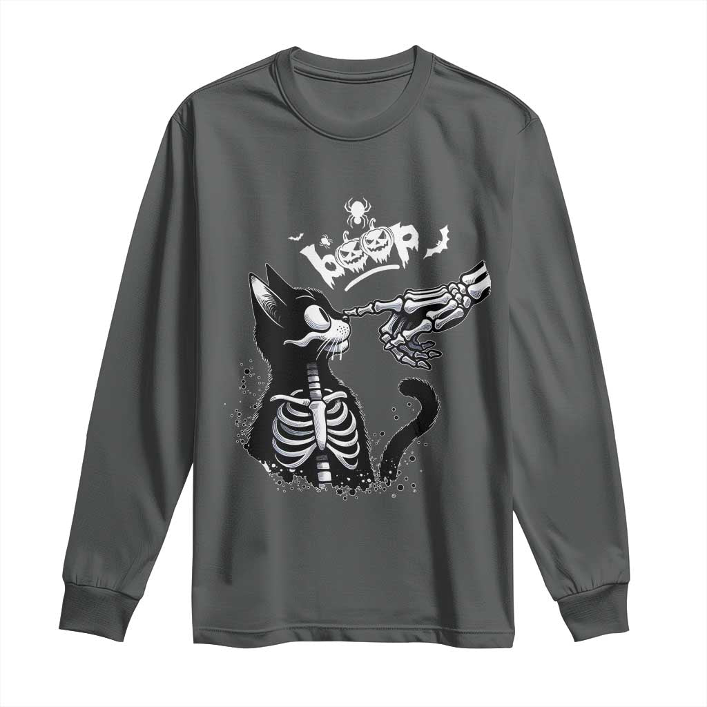Black Cat Halloween Long Sleeve Shirt Skeleton Hand Boop TS14 Dark Heather Print Your Wear