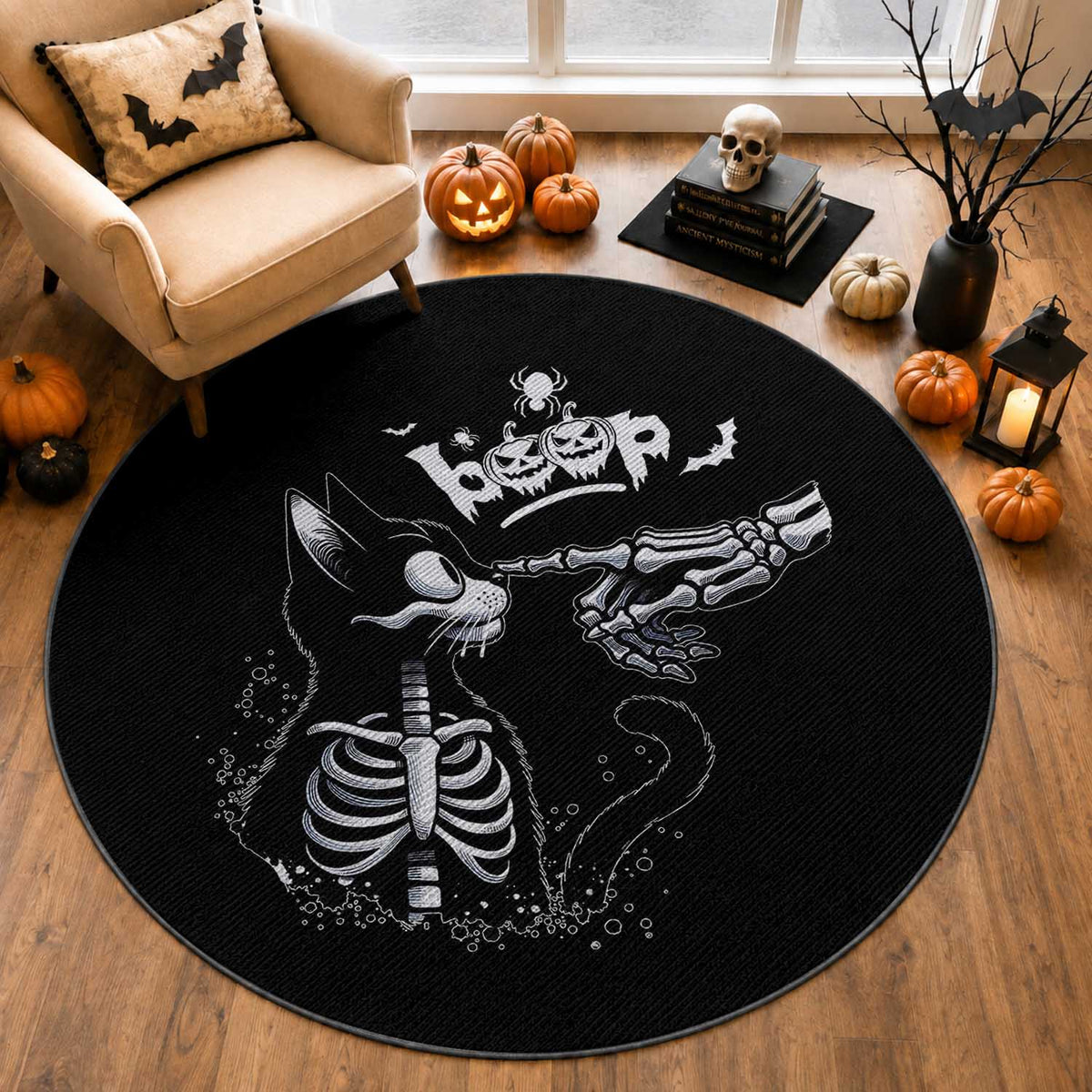 Black Cat Halloween Round Rug Skeleton Hand Boop