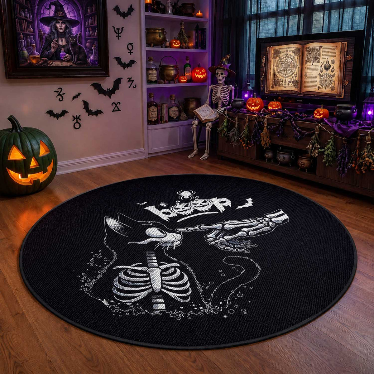 Black Cat Halloween Round Rug Skeleton Hand Boop