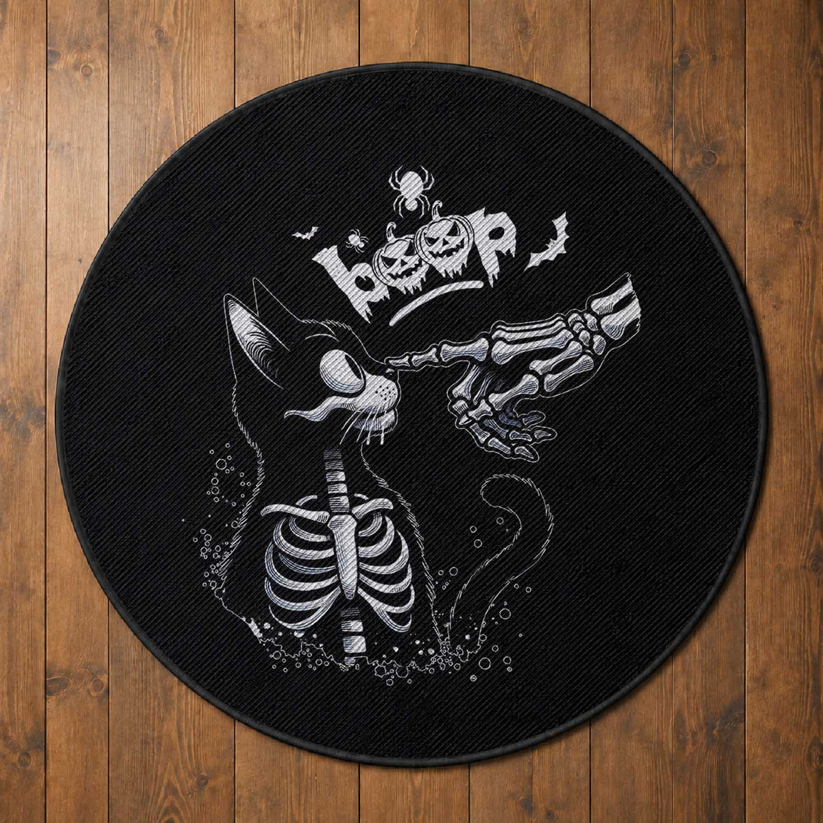 Black Cat Halloween Round Rug Skeleton Hand Boop