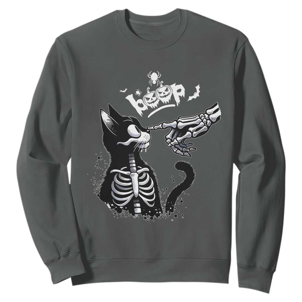 Black Cat Halloween Sweatshirt Skeleton Hand Boop TS14 Dark Heather Print Your Wear
