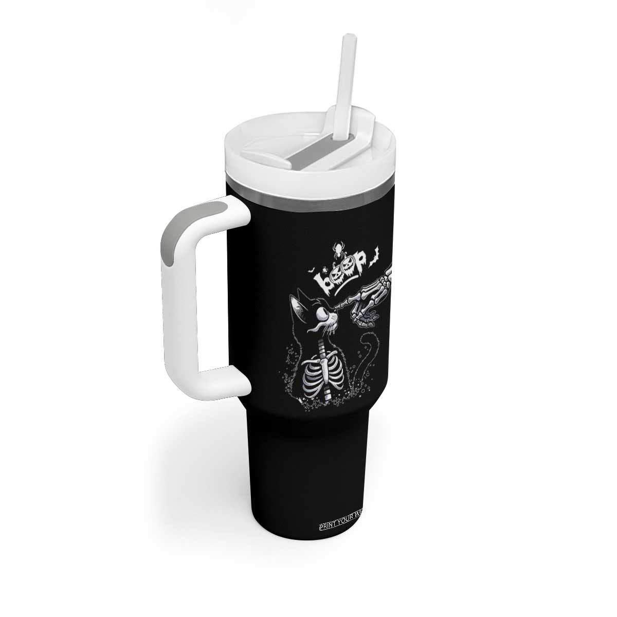 Black Cat Halloween Tumbler With Handle Skeleton Hand Boop TS14 Print Your Wear