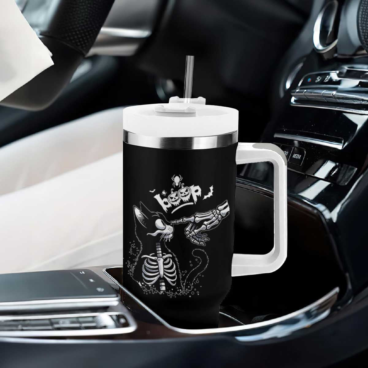 Black Cat Halloween Tumbler With Handle Skeleton Hand Boop TS14 Print Your Wear