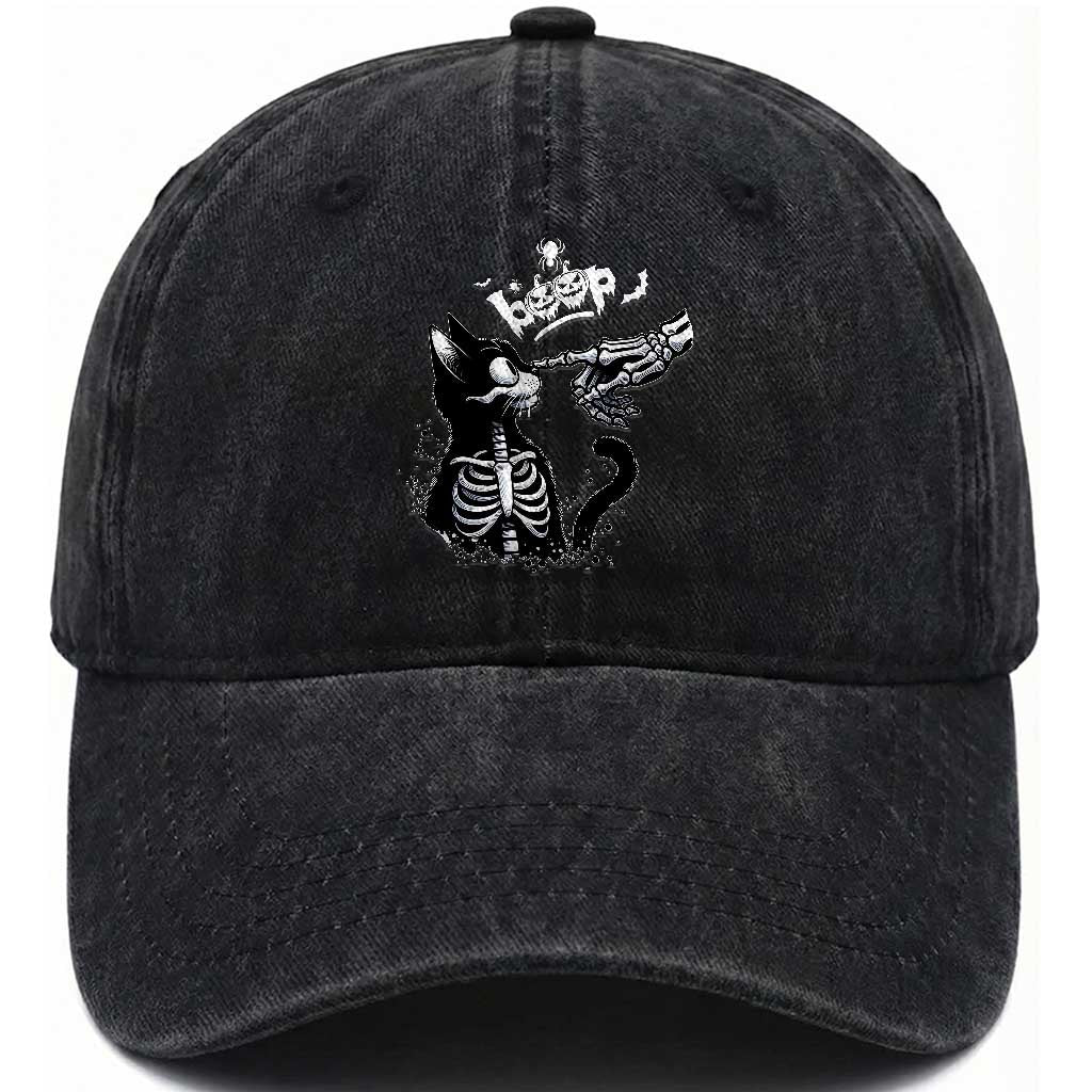 Black Cat Halloween Washed Cotton Baseball Cap Skeleton Hand Boop TS14 Washed Cap Universal Fit Black Print Your Wear