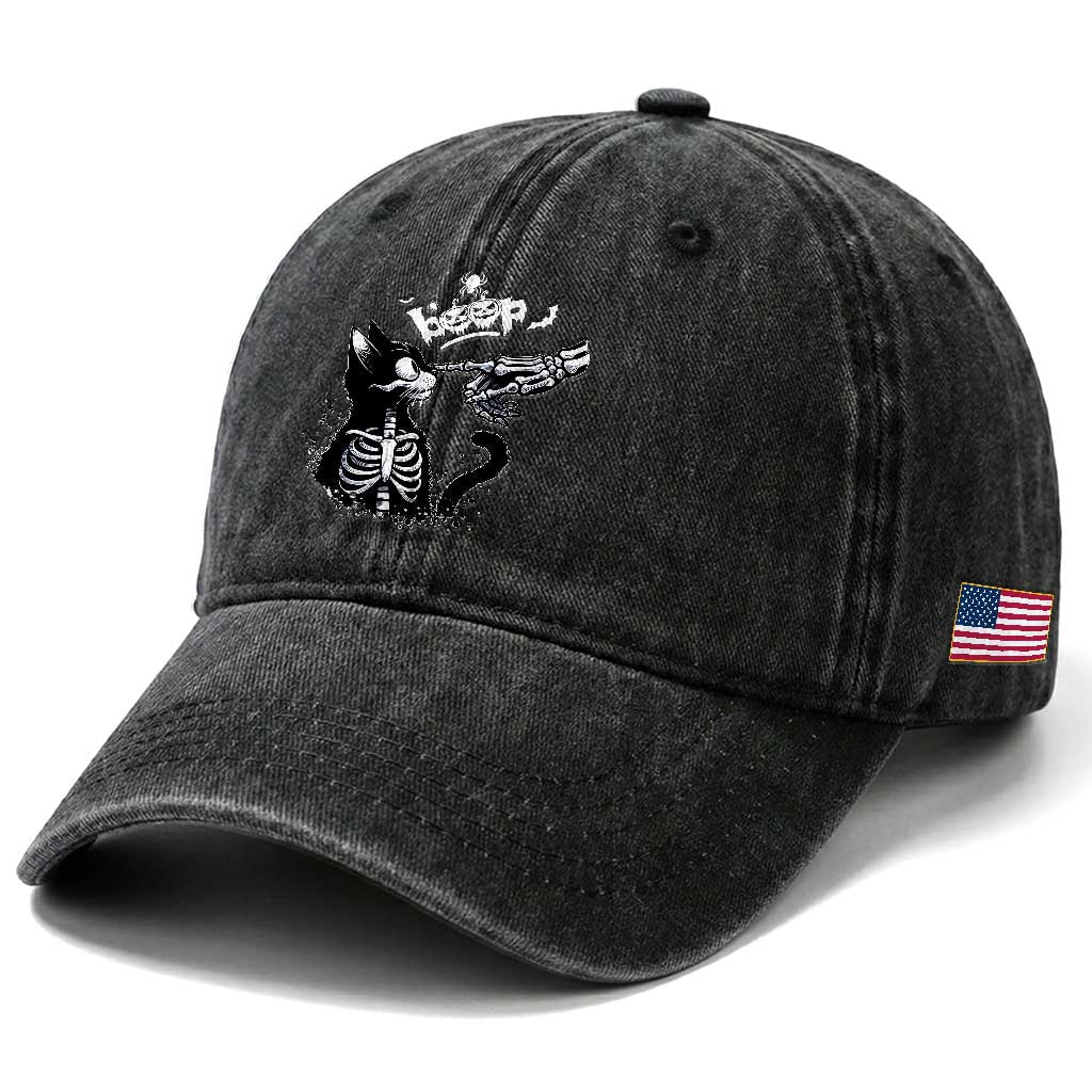 Black Cat Halloween Washed Cotton Baseball Cap Skeleton Hand Boop TS14 Print Your Wear
