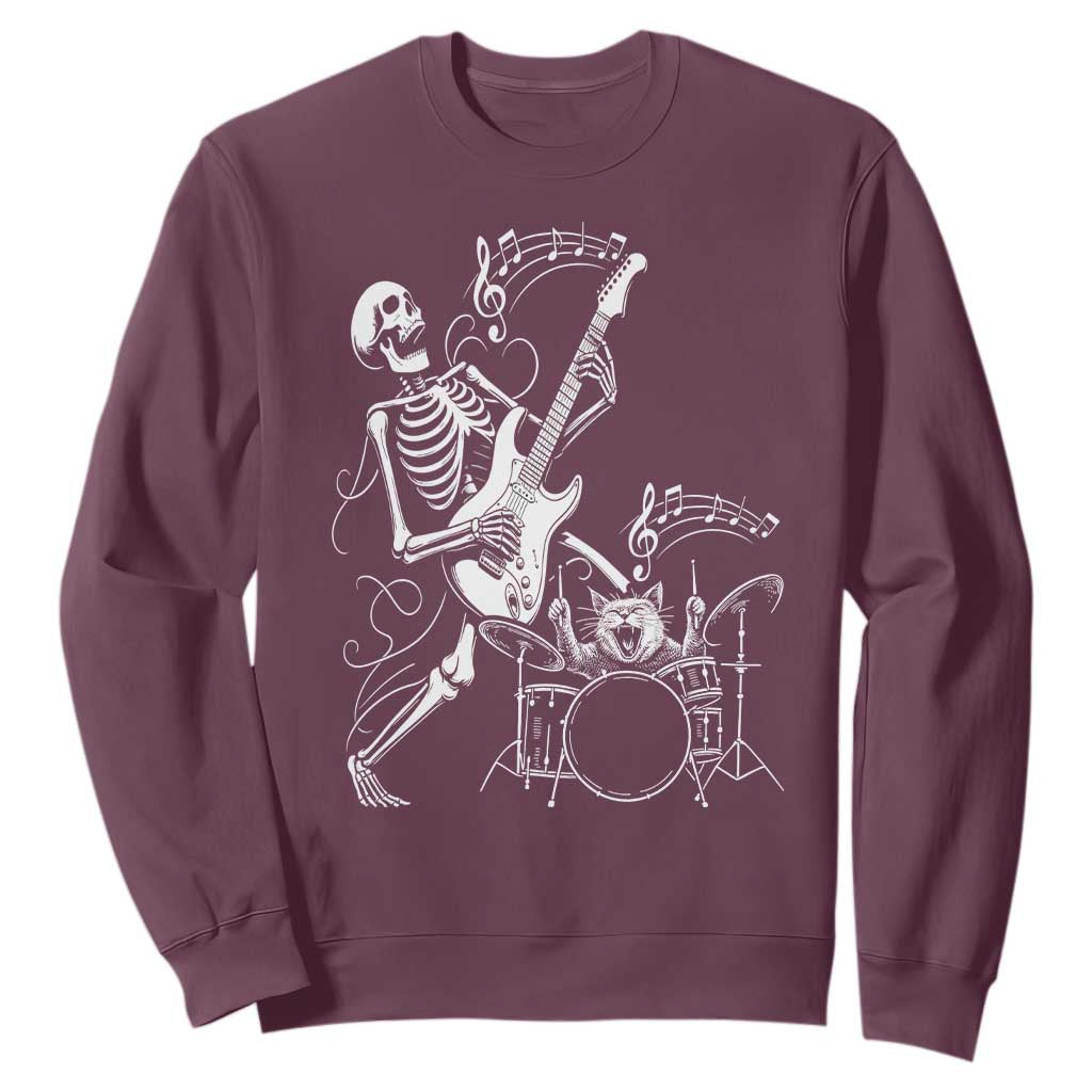 Rock Skeleton Cat Playing Guitar Sweatshirt Funny Halloween Kitty Music Lovers TS14 Maroon Print Your Wear