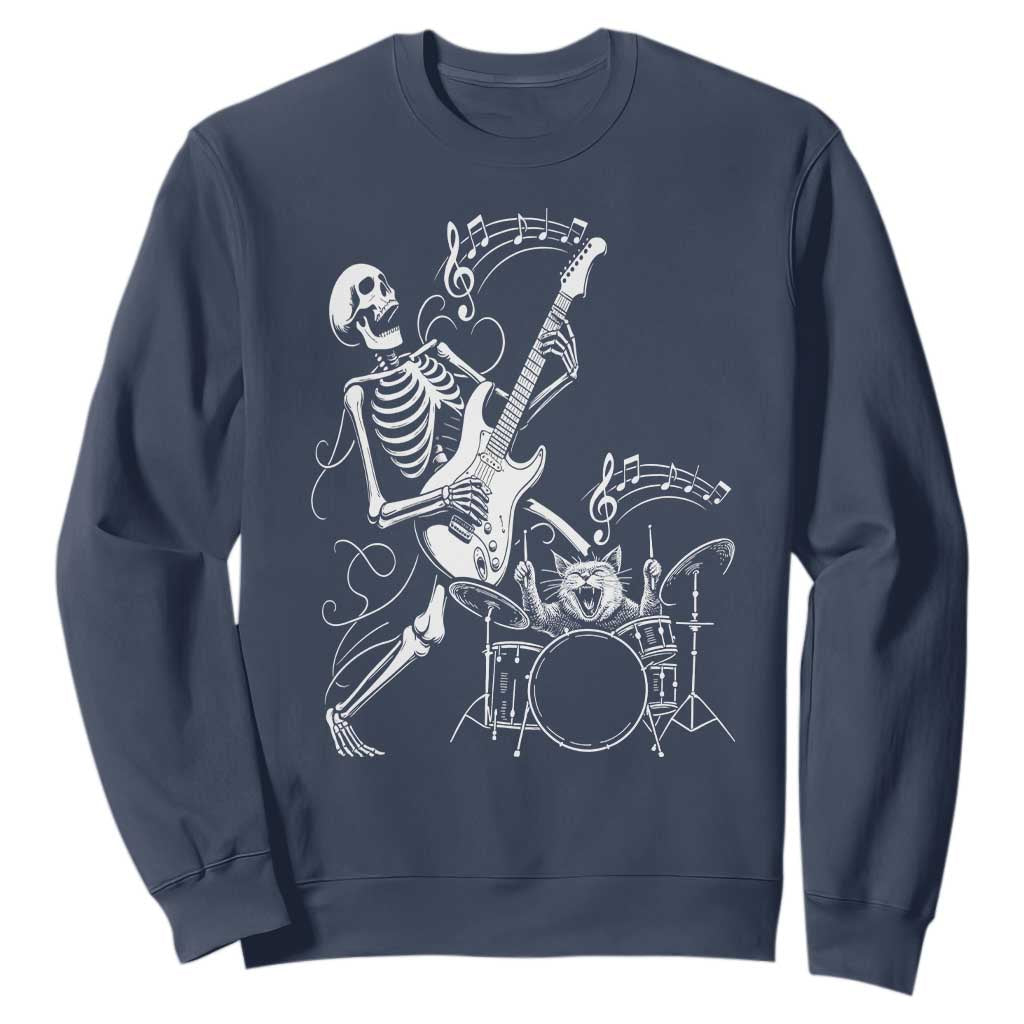 Rock Skeleton Cat Playing Guitar Sweatshirt Funny Halloween Kitty Music Lovers TS14 Navy Print Your Wear