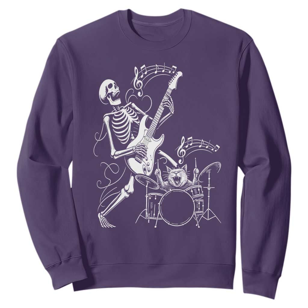 Rock Skeleton Cat Playing Guitar Sweatshirt Funny Halloween Kitty Music Lovers TS14 Purple Print Your Wear