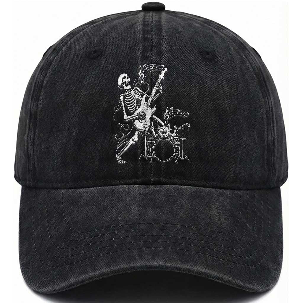 Rock Skeleton Cat Playing Guitar Washed Cotton Baseball Cap Funny Halloween Kitty Music Lovers TS14 Washed Cap Universal Fit Black Print Your Wear
