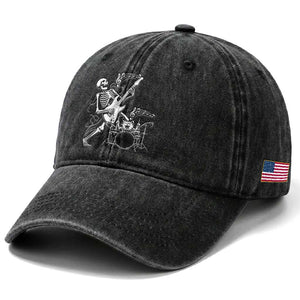 Rock Skeleton Cat Playing Guitar Washed Cotton Baseball Cap Funny Halloween Kitty Music Lovers TS14 Print Your Wear