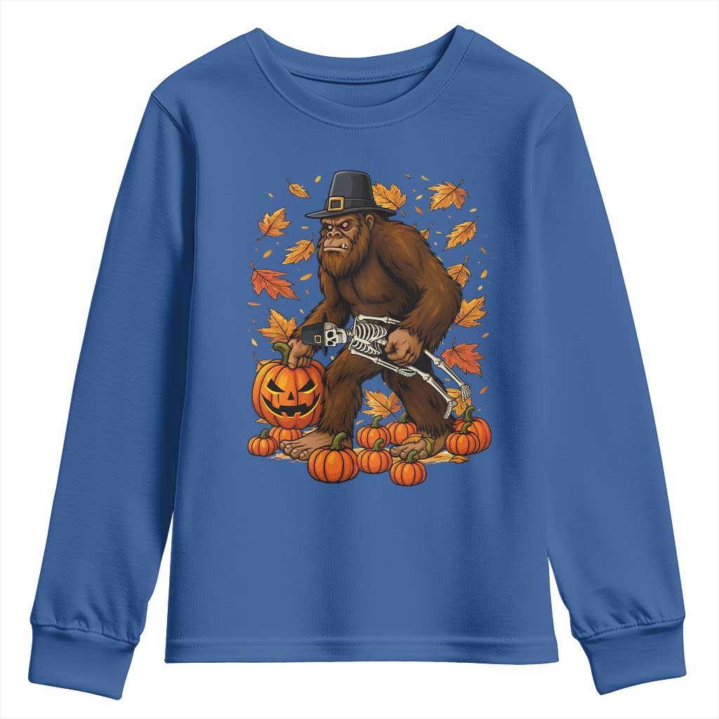 Funny Bigfoot Skeleton Youth Sweatshirt Thanksgiving Day Sasquatch Pilgrim TS14 Royal Blue Print Your Wear