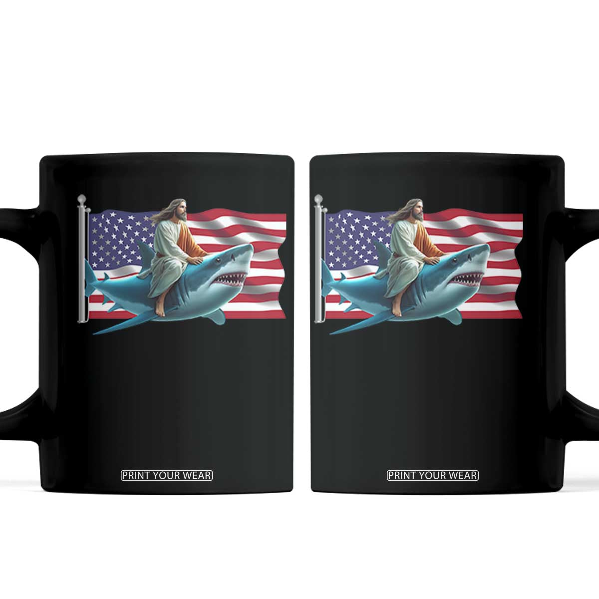 Funny Jesus Shark Coffee Mug Christian Patriotic American Flag Meme TS14 Black Print Your Wear