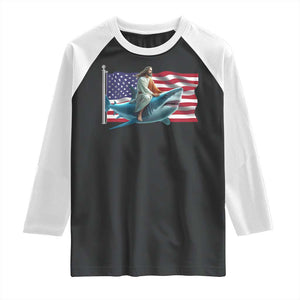 Funny Jesus Shark Raglan Shirt Christian Patriotic American Flag Meme TS14 Black White Print Your Wear