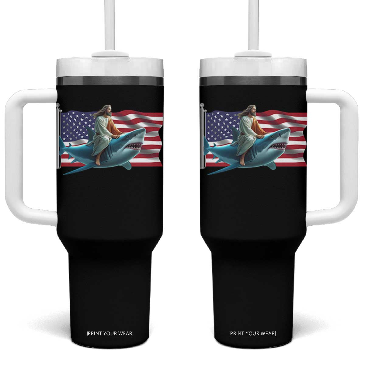 Funny Jesus Shark Tumbler With Handle Christian Patriotic American Flag Meme TS14 One Size: 40 oz Black Print Your Wear