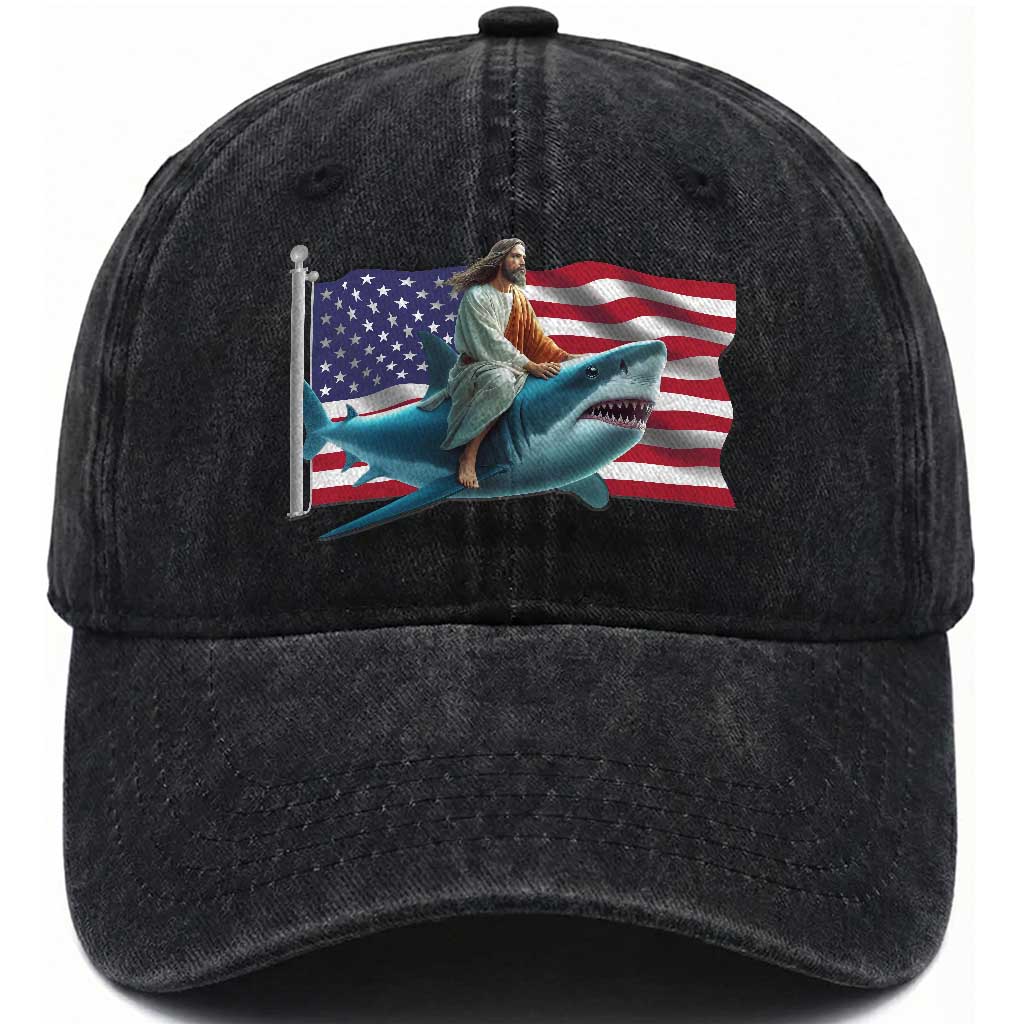 Funny Jesus Shark Washed Cotton Baseball Cap Christian Patriotic American Flag Meme TS14 Washed Cap Universal Fit Black Print Your Wear