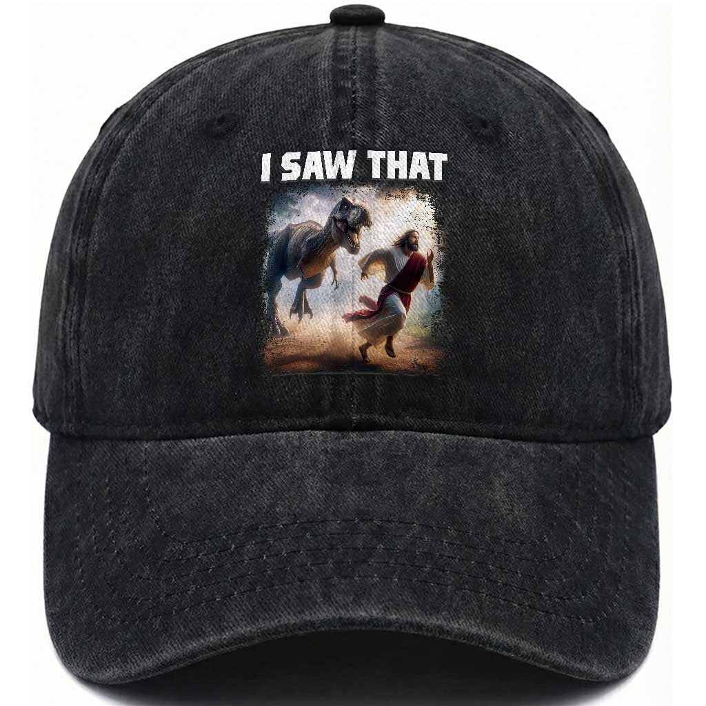 Funny Jesus Dinosaur Washed Cotton Baseball Cap I Saw That Christan Meme TS14 Washed Cap Universal Fit Black Print Your Wear