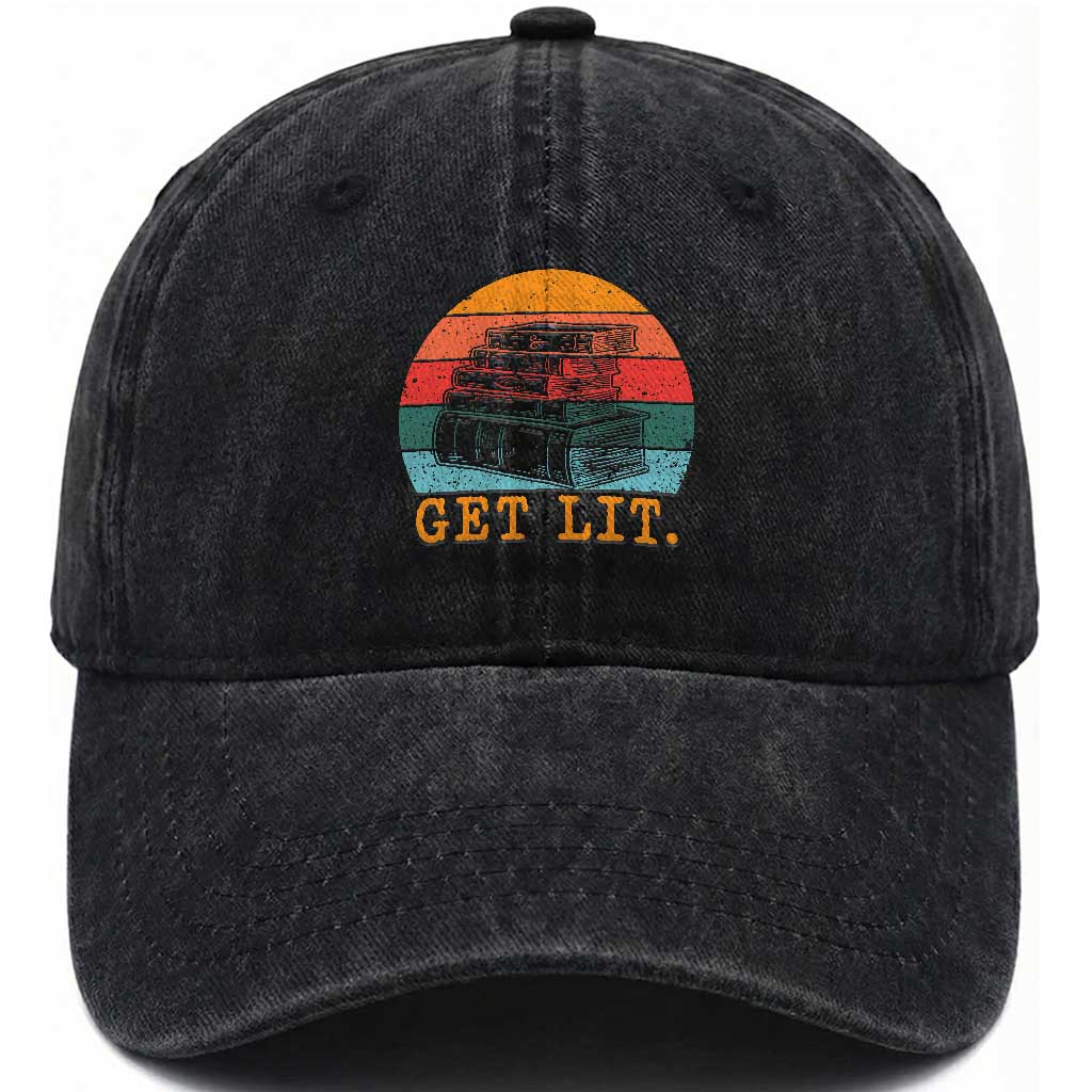 Book Lover Washed Cotton Baseball Cap Get Lit Literature Reading TS14 Washed Cap Universal Fit Black Print Your Wear