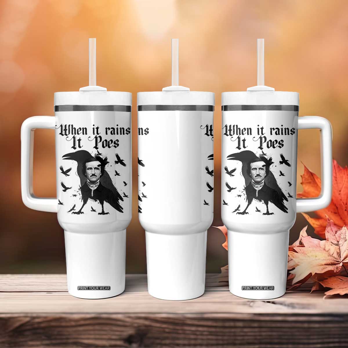 Funny Edgar Allan Poe Tumbler With Handle When It Rains It Poes TS14 Print Your Wear